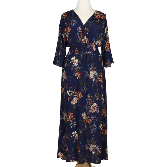 Moody Florals 2X Navy Blue Boho Gypsy Maxi Dress - Picture 2 of 8